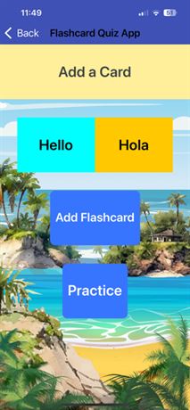 Original Add a Card screen with entries: the cyan button now reads Hello and the gold button reads Hola, still overlaid on the tropical beach photograph.