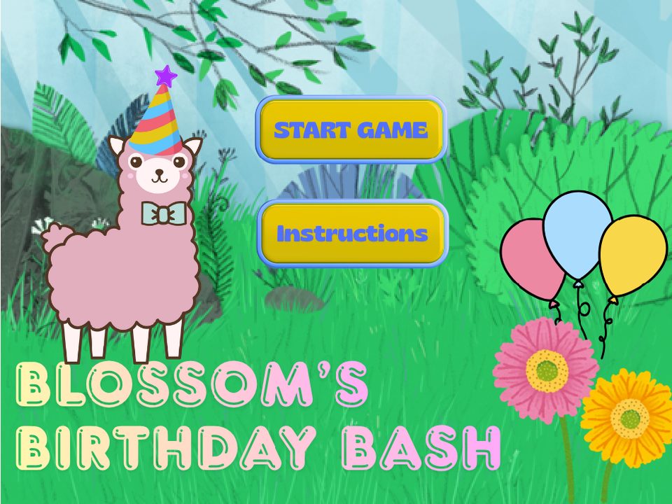 Title screen of Blossom's Birthday Bash: the pink storybook character Blossom, in a rainbow party hat and bow tie, stands in a green meadow with balloons and flowers, above yellow Start Game and Instructions buttons and the game's title in pastel lettering.