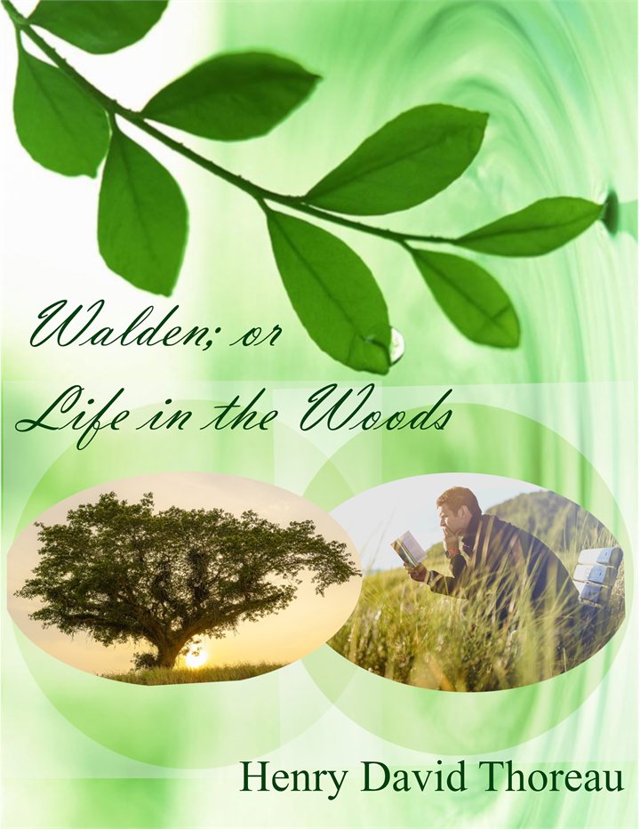 A book cover for Walden by Henry David Thoreau. The design is monochromatic green: a rippling water surface with a single falling droplet fills the background, and a leaning tree and a seated figure reading a book sit inside two overlapping circles that form a Venn diagram. The title is set in a flowing script and the author's name in a serif typeface.